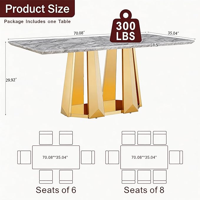 70" Marble Dining Table for 6-8, Modern Luxury Gold Rectangular Large Kitchen Table, Marble Grain MDF Tabletop & Stainless Steel Base, Dinner Furniture for Kitchen Dining Room, Meeting Room, Grey