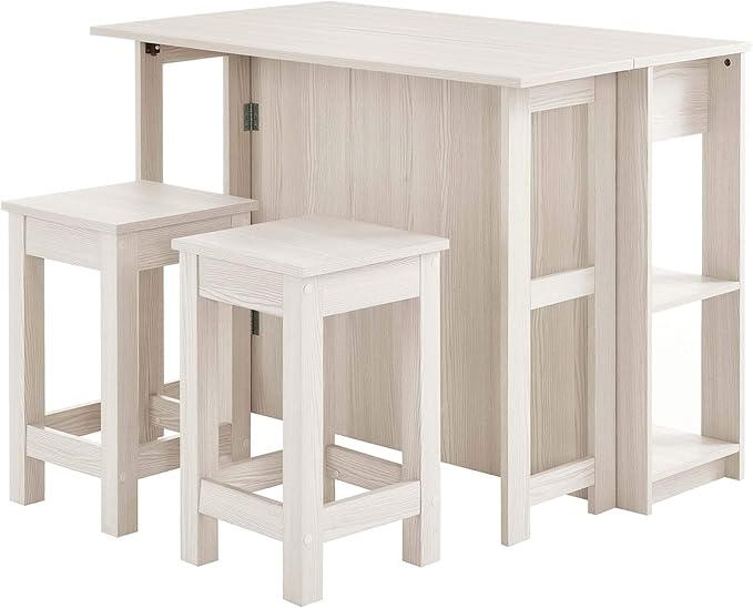 3-Piece Kitchen Island and Stool Set White Modern Contemporary Rectangular Wood Matte