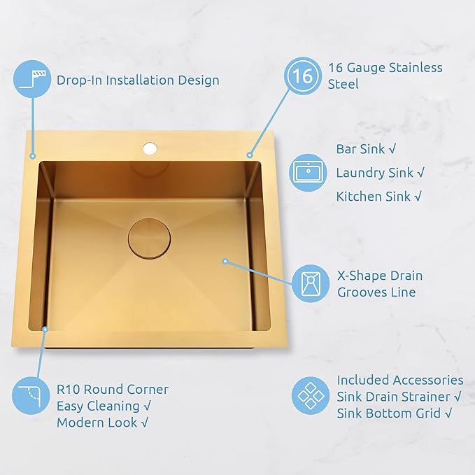 Gold Kitchen Sink 25"x22",Drop In Laundry Utility Sink,25 Inch Gold Sink 16 Gauge Stainless Steel,Top Mount Single Bowl Deep Kitchen Sinks