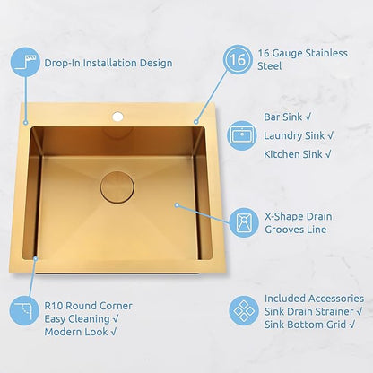 Gold Kitchen Sink 25"x22",Drop In Laundry Utility Sink,25 Inch Gold Sink 16 Gauge Stainless Steel,Top Mount Single Bowl Deep Kitchen Sinks