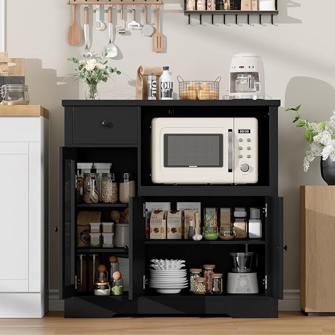 Storage Cabinet with Adjustable Shelves & Microwave Stand, Buffet Sideboard with Drawer, Single and Double Doors for Kitchen, Dining Room, Black