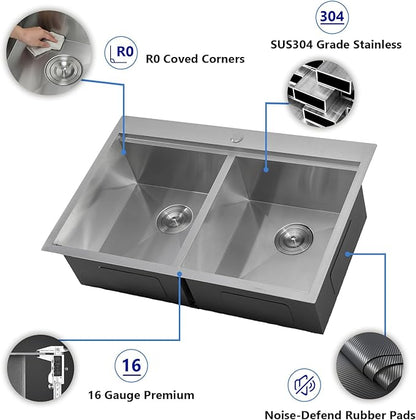 IKEBANA 33 x 22 Inch Double Bowl Kitchen Sink Drop in, Brushed Nickel 16 Gauge Stainless Steel Topmount 50/50 Double Basin Workstation Kitchen Sink with Accessories