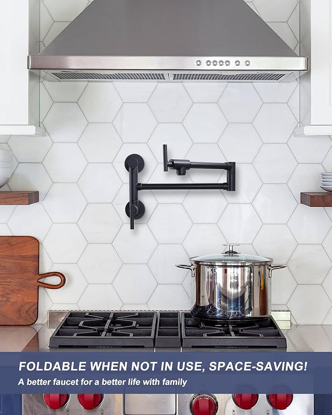 WOWOW Pot Filler Faucet Black: Single Hole Wall Mount Stove Faucet, Brass Pot Filler Two Attachment with Double Joint Swing Arms