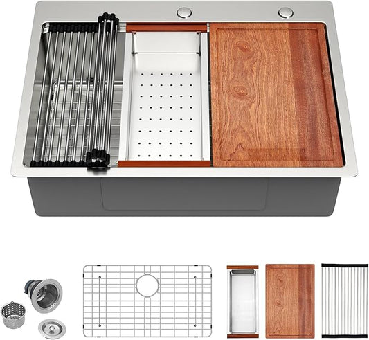 30 x 22 Drop In Kitchen Sink - 30 Inch Stainless Steel Topmount Kitchen Sink Workstation 16 Gauge Single Bowl Above Counter Handmade Basin