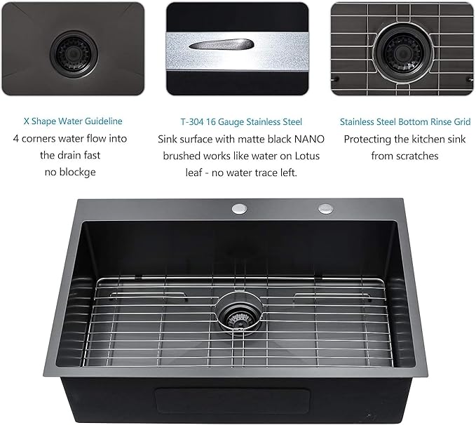 28 Drop Kitchen Sink Black Stainless Steel - Lordear 28x22 inch Gunmetal Black Kitchen Sink Drop In Stainless Steel Sink Single Bowl Gunmetal Black 16 Gauge Topmount Sink Basin