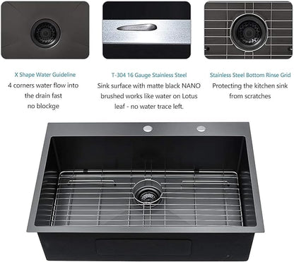 28 Drop Kitchen Sink Black Stainless Steel - Lordear 28x22 inch Gunmetal Black Kitchen Sink Drop In Stainless Steel Sink Single Bowl Gunmetal Black 16 Gauge Topmount Sink Basin