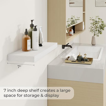 Dreamland 24 Inch Long Floating Shelves in White,6.7 Inch Deep Floating Shelf for Wall,Large Display & Storage Shelf, Wall Shelf for Bathroom Bedroom Living Room Kitchen Office，Set of 2