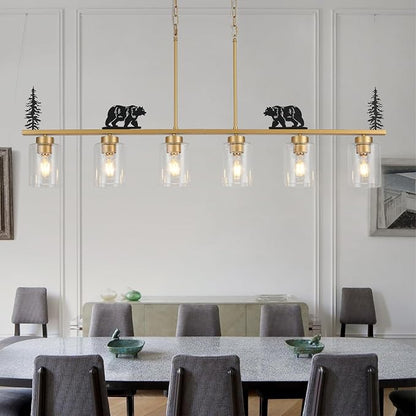 Gold Dining Room Light Fixture/Chandelier Over Table,6-Light Kitchen Island Lighting Hanging for Farmhouse Linear Chandeliers Ceiling Pendant Light Fixtures with Clear Glass Shade