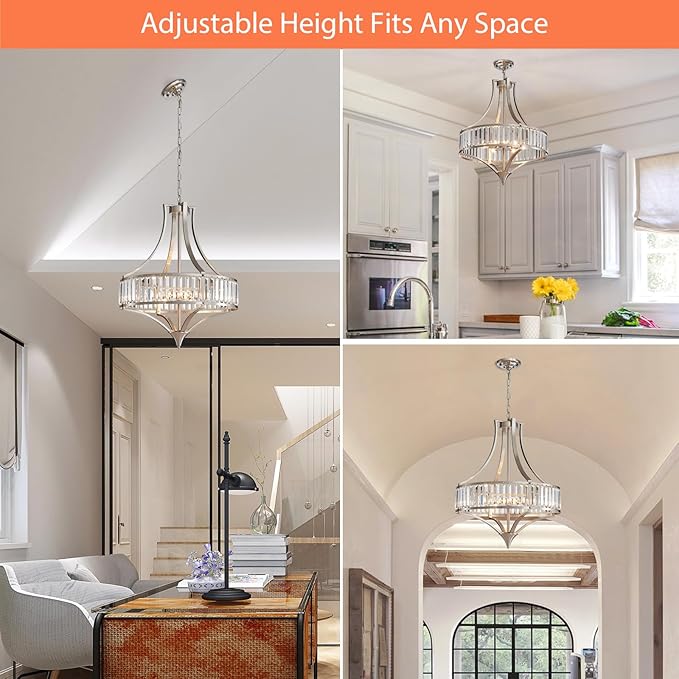 Brushed Nickel Chandeliers for Dining Room, Rustic Farmhouse Crystal Chandelier with Round Metal Shade, Modern 6-Light Large Light Fixture for Hallway, Bedroom, Foyer