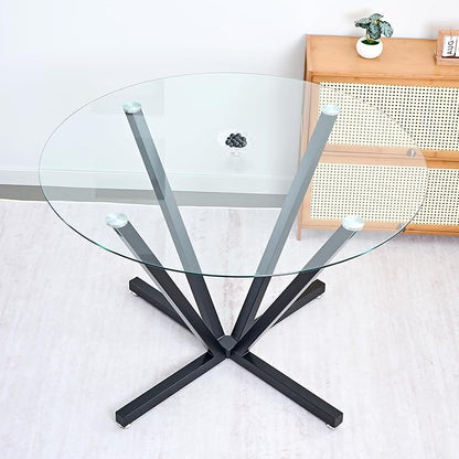 SSLine 45.2" Round Glass Dining Table for 4 Modern Circle Glass Tabletop Kitchen Table for 4 Luxury Dinner Tables with Black Metal Legs for Home Kitchen Dining Room(Table Only)