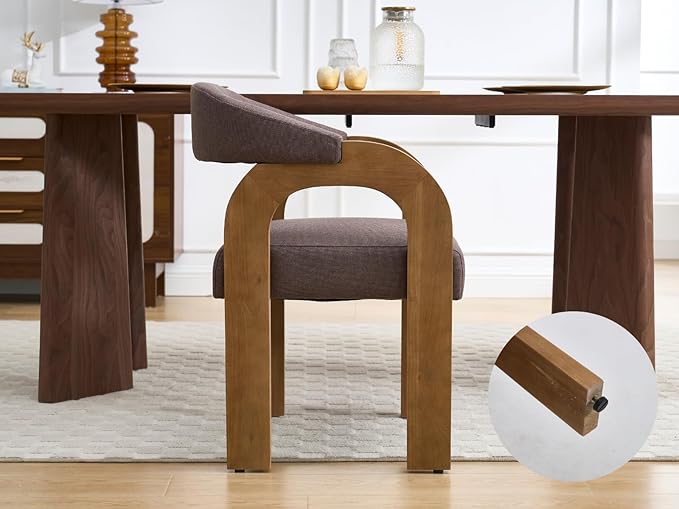 Farmhouse Dining Chairs Set of 6 - Upholstered Armchairs with Linen Cushions & Curved Wooden Arms, Barrel Wood Kitchen Chairs for Dining Room/Cafe/Kitchen Island (Espresso Brown)