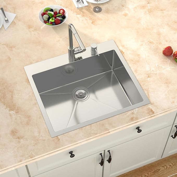 25 Inch Stainless Drop in Kitchen Sink - 25" x 22" Kitchen Sink Drop in Stainless Steel 16 Gauge 9" Deep Single Bowl Sink Basin RV Bar