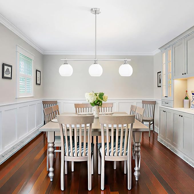 Modern Kitchen Island Lighting 3 Light Brushed Nickel Chandelier With Milk Glass Shades Farmhouse Linear Chandeliers for Dining Room Light Fixtures Over Table Hanging Pendant Lights for Living Room