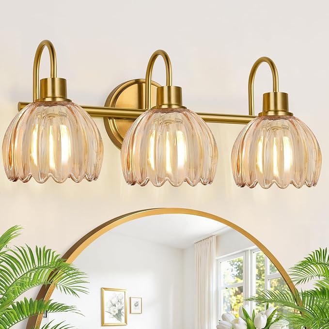 Bathroom Light Fixtures, 3-Light Brushed Gold Vanity Lights for Bathroom with Ribbed Amber Tulip Glass Shade, 20 in Bathroom Vanity Lights Over Mirror for Bedroom, Living Room, Hallway