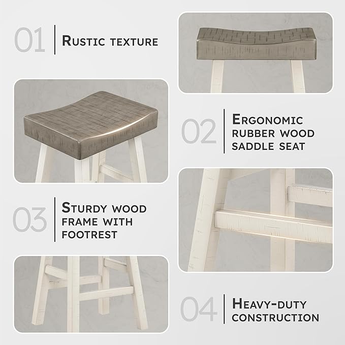 Lexicon Counter Height Stools Set of 2 - Solid Wood Counter Stools with Footrest, Armless Kitchen Chairs for Island, Living Room, Breakfast Nook, Sturdy, Transitional 25" Tall - White/Coffee