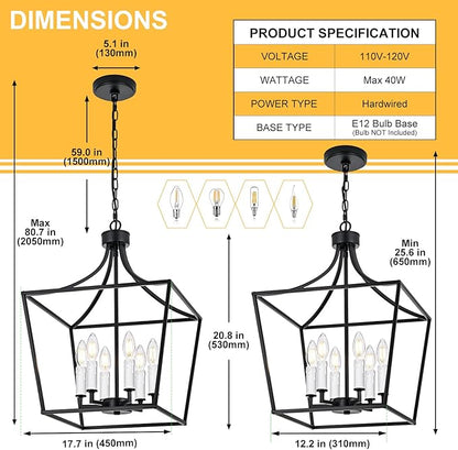 6-Light Large Classic Lantern Chandelier in Black, Height Adjustable Hanging Pendant Light Fixture for Kitchen Island Dining Room Foyer, E12 Bulb Base