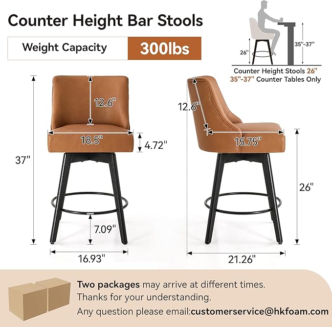 Counter Height Bar Stools Set of 4, Swivel Barstools with Backs and Wood Legs, Faux Leather Upholstered Counter Stools for Kitchend Island, Mid-Century Modern 26" Seat Height Bar Chairs, Brown