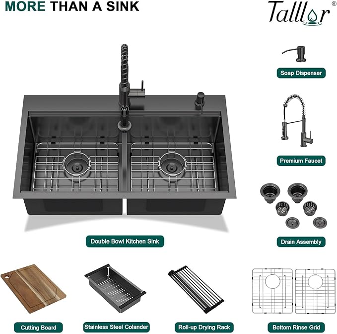 36 Inch Drop-In Double Bowl Kitchen Sink with Faucet, 16 Gauge 304 Stainless Steel 50/50 Low Divide Workstation All-In One Large Sink with Accessories Gunmetal Black #TL-FDOE00094