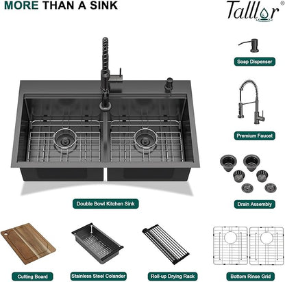 36 Inch Drop-In Double Bowl Kitchen Sink with Faucet, 16 Gauge 304 Stainless Steel 50/50 Low Divide Workstation All-In One Large Sink with Accessories Gunmetal Black #TL-FDOE00094