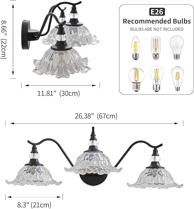Vintage Bathroom Vanity Light Fixtures - 3 Light Antique Matte Black Bathroom Lights Fixture Over Mirror with Clear Flower Glass,Retro High End Wall-Mounted Vanity Lighting for Bath Powder Room
