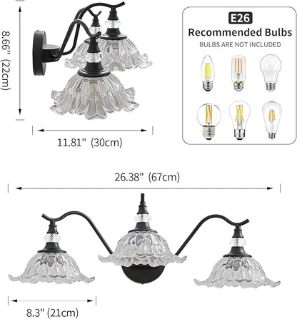 Vintage Bathroom Vanity Light Fixtures - 3 Light Antique Matte Black Bathroom Lights Fixture Over Mirror with Clear Flower Glass,Retro High End Wall-Mounted Vanity Lighting for Bath Powder Room