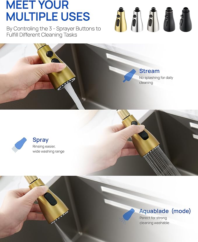 J-HVA Pull Down Kitchen Faucet Sprayer Head Replacement Part, 3 Function Pull Out Sink Sprayer Replacement Nozzle, Kitchen Faucet Head Hose Spray Tap Spout, 15 adapters, Brushed Gold