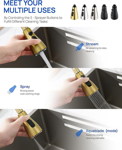 J-HVA Pull Down Kitchen Faucet Sprayer Head Replacement Part, 3 Function Pull Out Sink Sprayer Replacement Nozzle, Kitchen Faucet Head Hose Spray Tap Spout, 15 adapters, Brushed Gold