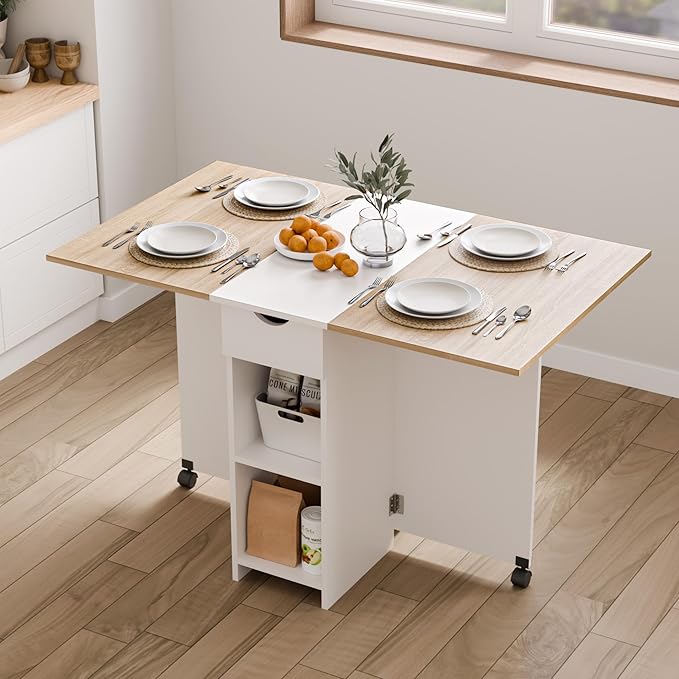 Folding Dining Table, Drop Leaf Table for Small Space with Drawer and Open Storage Shelves, Modern Rectangular Kitchen Dining Table, 47.2" L x 28.3" W (Oak & White)