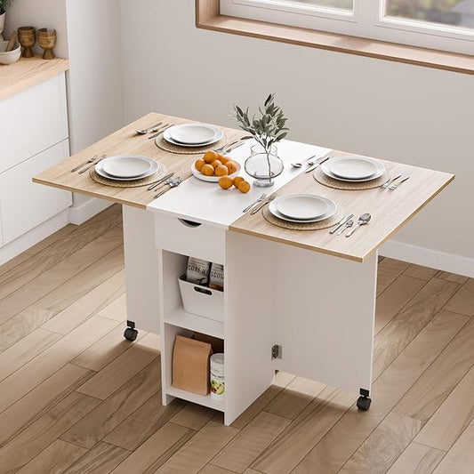 Folding Dining Table, Drop Leaf Table for Small Space with Drawer and Open Storage Shelves, Modern Rectangular Kitchen Dining Table, 47.2" L x 28.3" W (Oak & White)