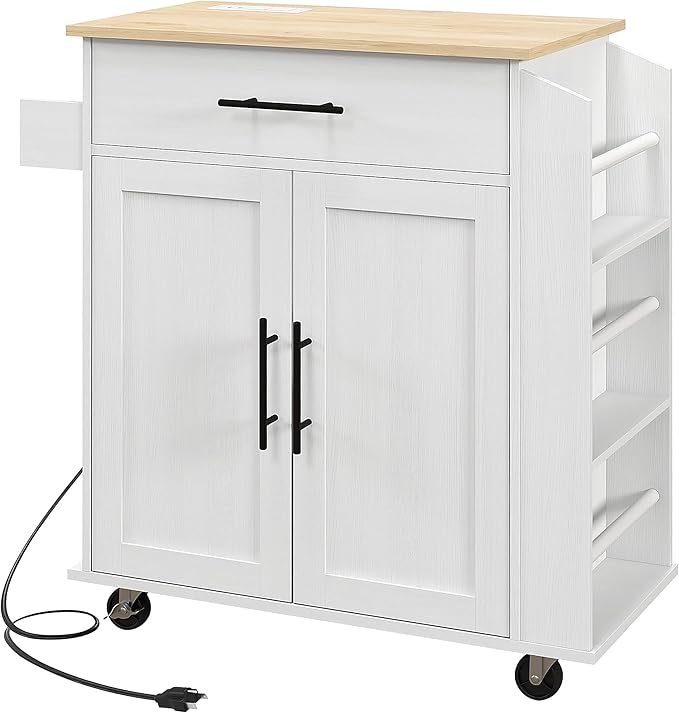 GOWE Kitchen Island with Storage, Rolling Kitchen Cart with AC Outlets and USB Ports, Microwave Stand with Towel and Spice Rack, White