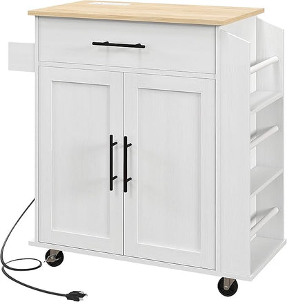GOWE Kitchen Island with Storage, Rolling Kitchen Cart with AC Outlets and USB Ports, Microwave Stand with Towel and Spice Rack, White