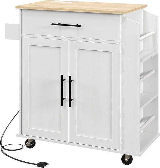 GOWE Kitchen Island with Storage, Rolling Kitchen Cart with AC Outlets and USB Ports, Microwave Stand with Towel and Spice Rack, White