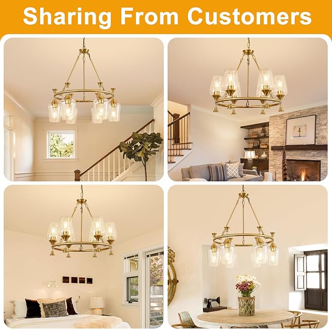 Modern Chandelier for Dining Room (25inch, 6-Light), Brushed Gold Dining Room Light Fixture Over Table with Clear Glass Shade, Industrial Hanging Pendant Lights Fixture for Kitchen Island Entryway