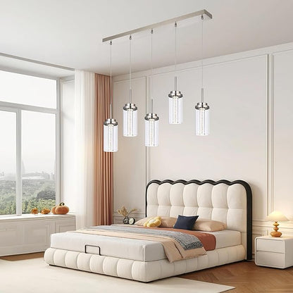 MELUCEE 5-Lights Led Chandelier, Kitchen Island Lighting Brushed Nickel Linear Chandelier with Clear Glass Shade, Large Pendant Lighting for Dining Room Over Table, 3000K-6000K Adjustable, 25W