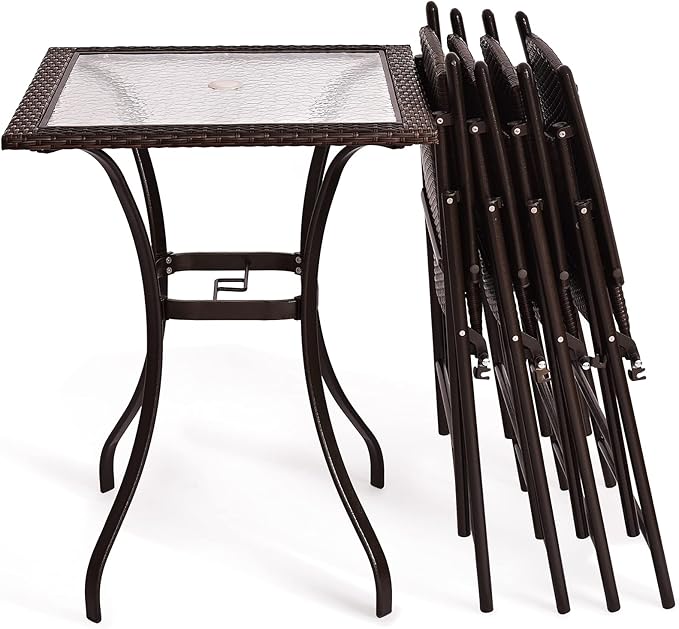 LDAILY Moccha 28.5" Patio Table, Outdoor Dining Bistro Table w/Umbrella Hole, Tempered Glass Top & Steel Frame, Backyard Balcony Furniture Garden Table