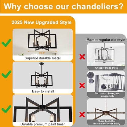 21.6" Black Chandelier for Dining Room, 6-Light Geometric Farmhouse Dining Room Fixture, Modern Foyer Lighting Fixtures, Industrial Hanging Pendant Lights for Kitchen Island, Living Room, Entryway