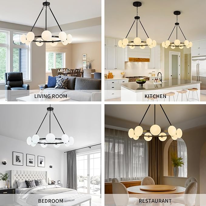 Modern Chandelier,Large Black Wagon Wheel Chandelier,Sputnik Pendant Light Fixture Over Table,Glass Globe Chandelier for Dining Room and Living Room