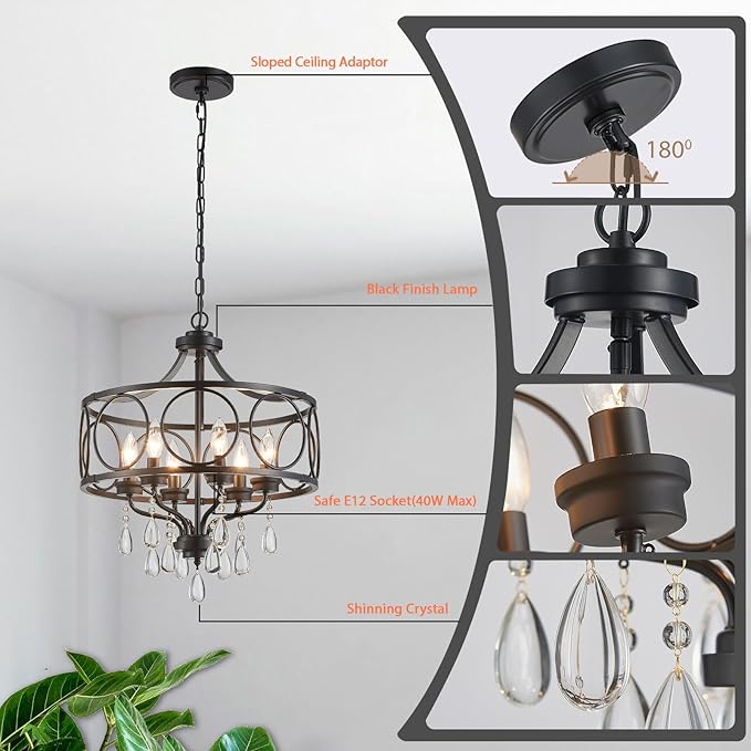 Modern Black Chandelier 17.7" Metal Crystal Pendant Lighting Fixture Hanging 6-Light for Dining Room Bedroom Living Room Kitchen Entryway