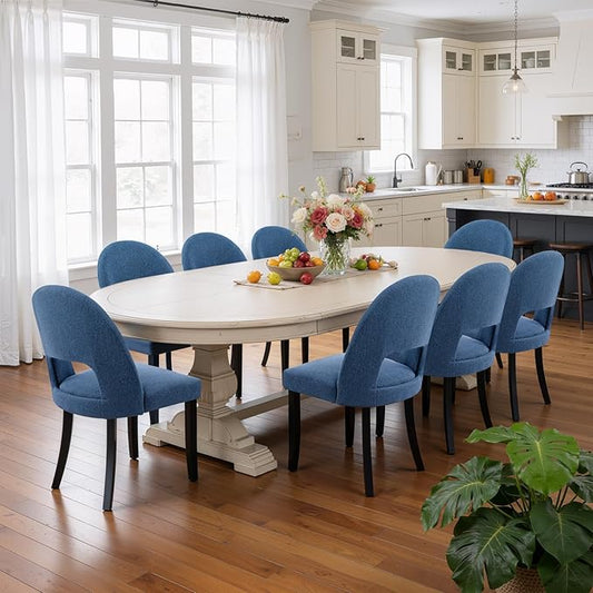Upholstered Dining Chairs Set of 8, Mid Century Modern Kitchen Chairs with Solid Wood Legs & Linen Fabric Backrest for Dining Room and Farmhouse, Blue