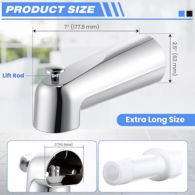 Dreyoo 7 Inch Tub Spout (Universal Fits 1/2" Copper Pipe, 1/2" IPS and 3/4" IPS), Bathroom Bathtub Faucet with Adapters and Hex Wrench (Chrome,with Diverter)