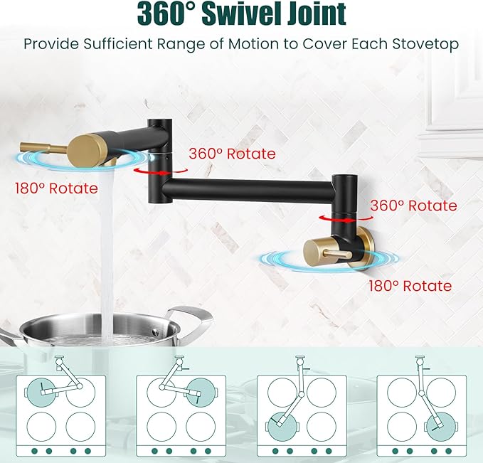 Heyalan Pot Filler 19 Inch Wall Mount Folding Stretchable Kitchen Restaurant Faucet Stainless Steel Pot Filler Double Joint Swing Arm Two Handles Commercial NPT,Straight Handle,Black and Brushed Gold