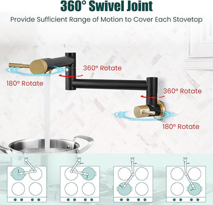 Heyalan Pot Filler 19 Inch Wall Mount Folding Stretchable Kitchen Restaurant Faucet Stainless Steel Pot Filler Double Joint Swing Arm Two Handles Commercial NPT,Straight Handle,Black and Brushed Gold