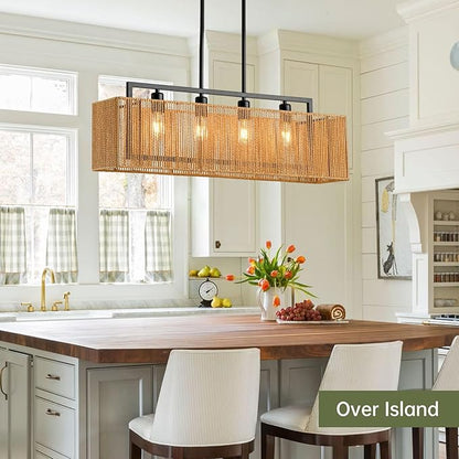 4-Light Rattan Chandeliers for Dining Room, Boho Chandelier 32 Inch Rattan Light Fixture Farmhouse Linear Lighting Wicker Rectangular Chandelier for Kitchen Island Bar
