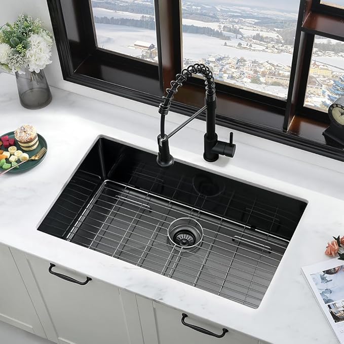30 Inch Black Kitchen Sink with Faucet Combo-iAnomla 30x19 Black Stainless Steel Undermount Kitchen Sink 16 Gauge Single Bowl Deep Under Mount Sinks and Faucet Combo Set