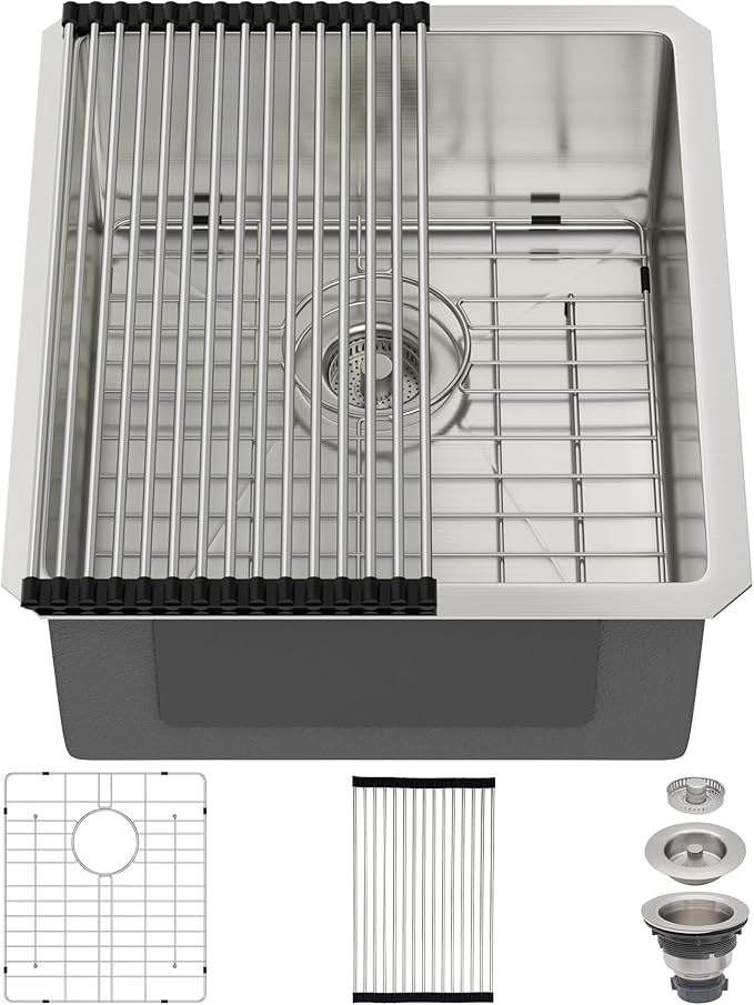 17 Undermount Kitchen Sink 17"x19"x8" Single Bowl 16 Gauge Stainless Steel Under Counter Single Bowl Kitchen Sinks Basin with Drain Strainer