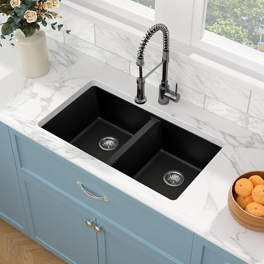 Sarlai 33 Black Granite Composite Kitchen Sink - 33"x19"Double Bowl Undermount Kitchen Sink Double Basin 50/50 Matte Black Quartz Under Counter Sinks Basin with Accessories