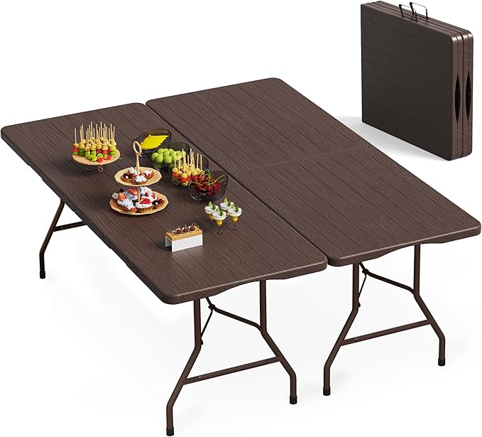Set of 2 6 Foot Folding Table for Indoor Outdoor, Portable Heavy Duty Fold-in-Half Utility Plastic Foldable Dining Table with Carrying Handle for Picnic, Camping and Party, 2 Pack Brown