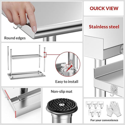 Atelicf All-Stainless Steel Prep Table, 30 X 48 Inch, with Rounded-Corner Backsplash and Adjustable Undershelf, Heavy-Duty for Outdoor Use,Restaurants,Hotels,Workshops,Kitchens,Gardens, and Garages