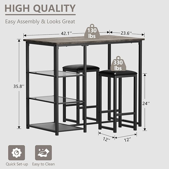 VECELO Dining Table Set for 2 with 3 Storage Shelves,Counter Height Kitchen Table and Chairs with Pu Cushion Chairs & Wood Top for Small Space,Dining Room,Apartment，Light Gray