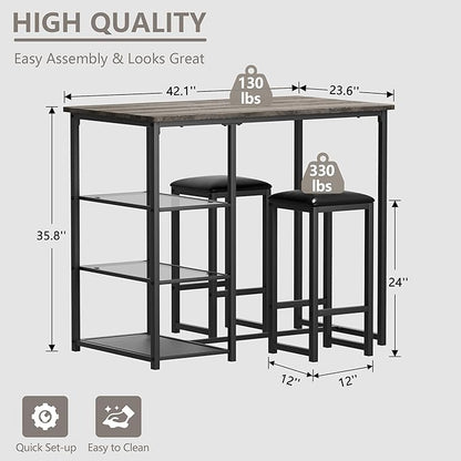 VECELO Dining Table Set for 2 with 3 Storage Shelves,Counter Height Kitchen Table and Chairs with Pu Cushion Chairs & Wood Top for Small Space,Dining Room,Apartment，Light Gray